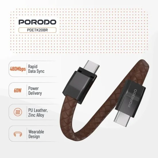 Porodo Usb-C To Usb-C Wristband Cable Magnetic Steel Clasp - Brown